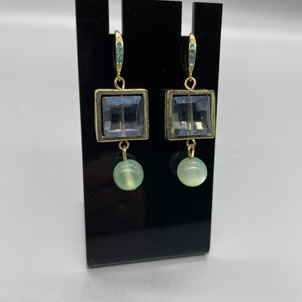 Gold Tone Square Blue‎ Crystal and Green Bead Drop Earrings Geometric Rhinestone